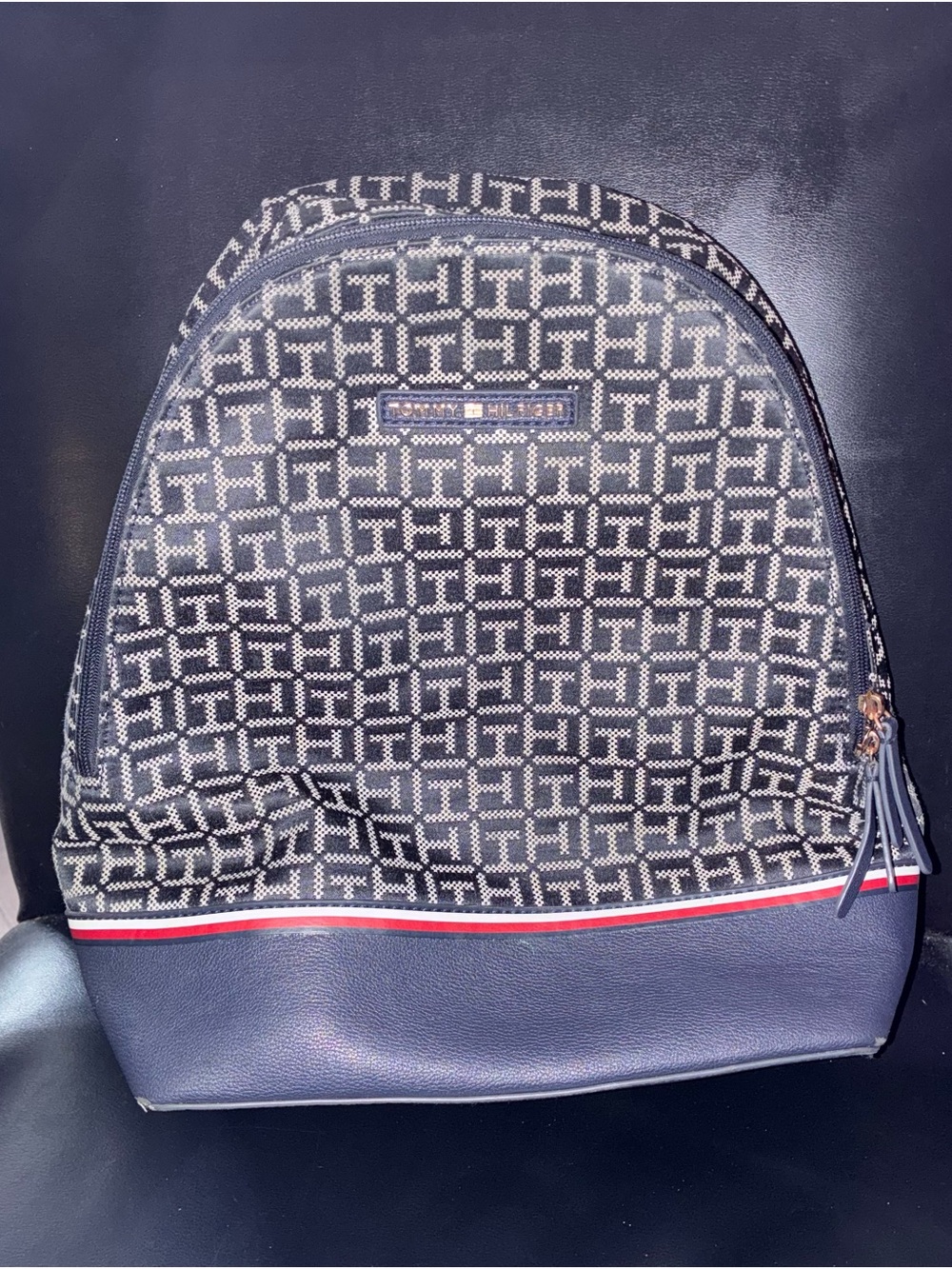 Tommy Hilfiger Navy and White Monogram Backpack with Signature Stripe